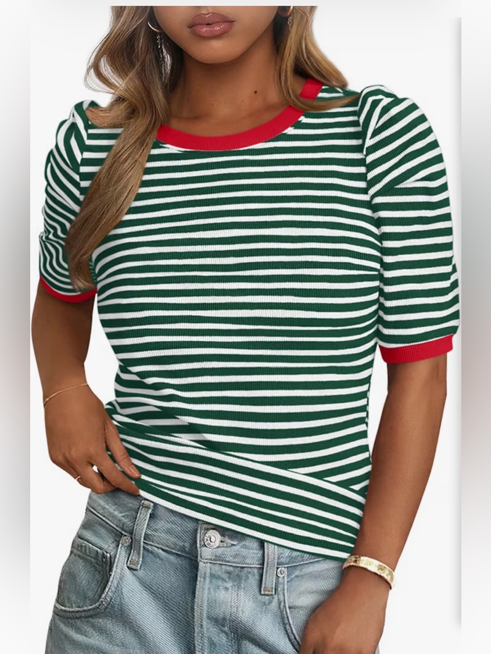 Striped Green and White Puff-Sleeve Top with Red Trim